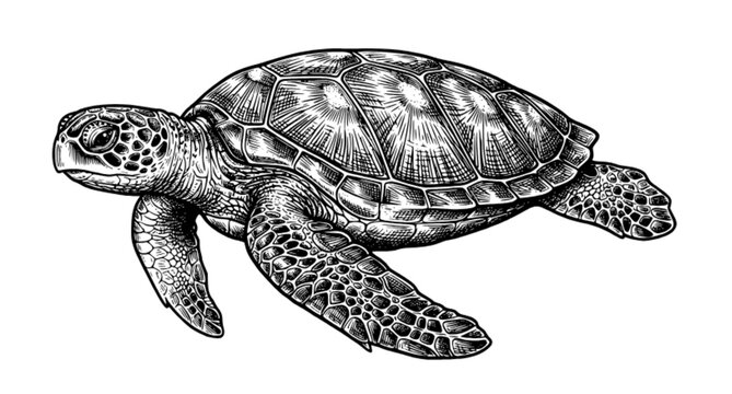 Sea turtle black and white isolated vector illustration in vintage engraving style. Detailed hand drawn line art of ocean turtle with bold contour lines, realistic shell texture, marine wildlife engra