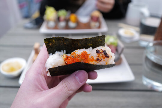 Close up assorted fresh and raw hand roll sushi- Japanese food
