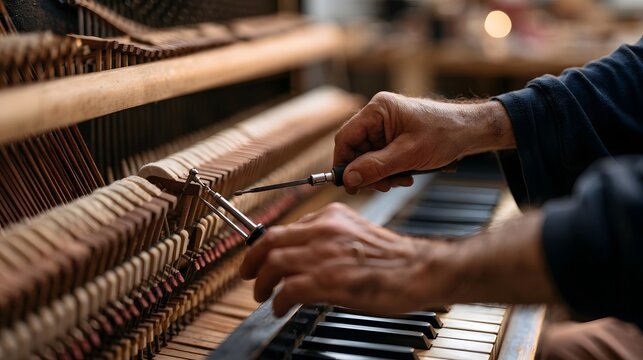 A person carefully adjusts piano strings using specialized tools inside an open upright piano