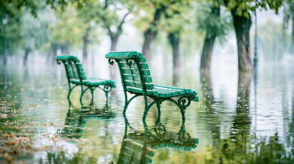 Fototapeta premium Two green benches partially submerged in floodwater in a park with trees blurred in the background, reflecting on the water surface.