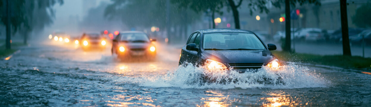 Cars drive through a flooded city street during heavy rain, creating splashes as water rises around the vehicles.