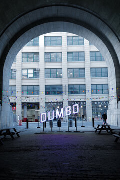 Exterior American architecture and Metropolis building design at DUMBO bridge connecting Manhattan and Brooklyn crosses the East River- New York, United States