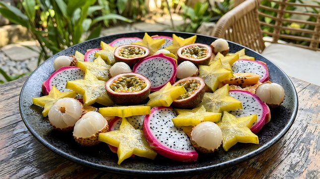 Fresh tropical fruit platter with dragon fruit and star fruit