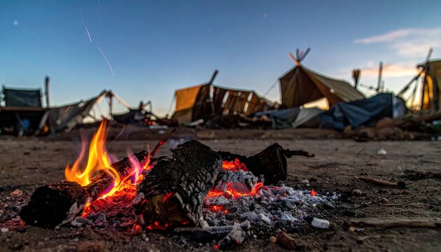 Campfire burning at dusk in a makeshift refugee camp with tents and debris under a clear sky