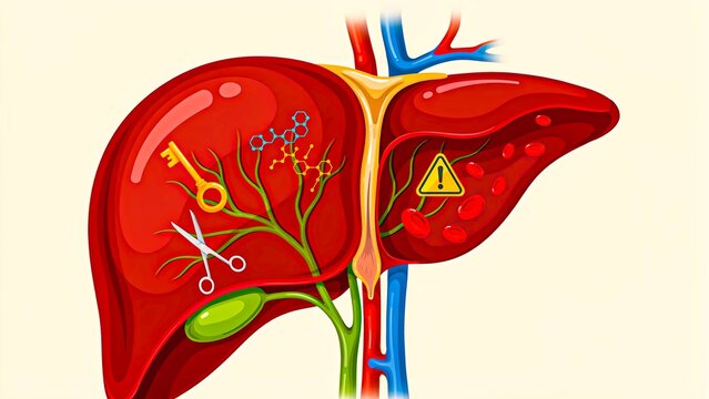 Human liver anatomy illustration showing bile ducts and liver disease concept