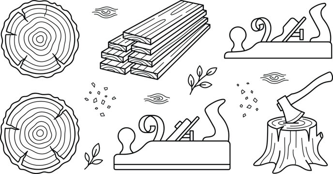 Woodwork and carpentry icons set with tree trunk cross section lumber hand plane axe stump linear outline vector illustration