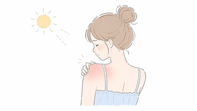 夏の強い日差しで肩をひどく日焼けして痛がる女性のイラスト