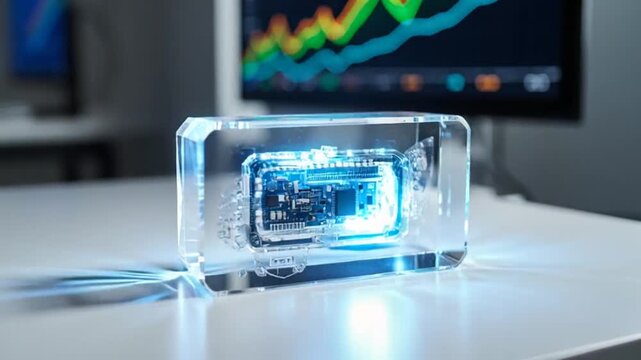 3d ice block with digital circuit melting in futuristic display
