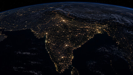 Stylized nighttime orbital view of India and South Asia with glowing cities and transport networks across the Indian subcontinent beneath Earth’s horizon © OLD DAN