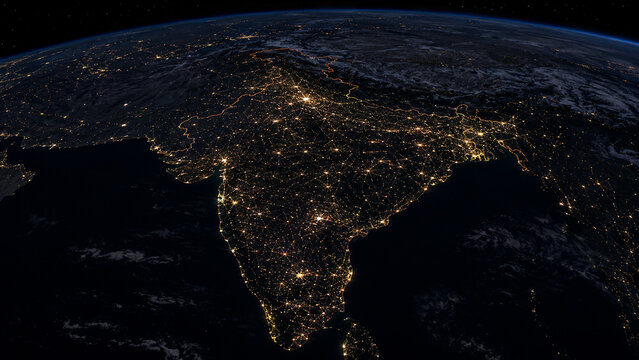 Stylized nighttime orbital view of India and South Asia with glowing cities and transport networks across the Indian subcontinent beneath Earth&rsquo;s horizon
