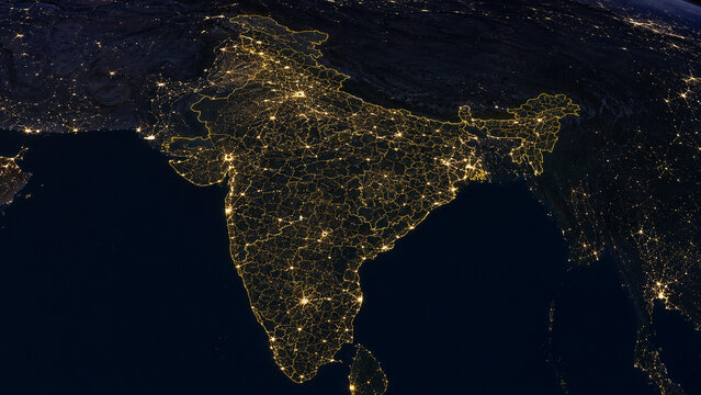 Stylized nighttime orbital view of India with an illuminated national border, glowing cities and transport networks beneath Earth&rsquo;s blue atmospheric horizon