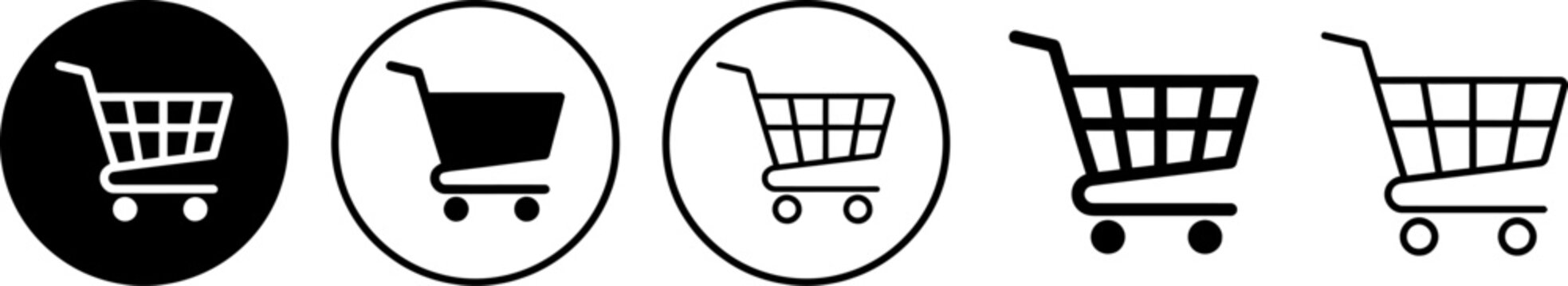 Shopping cart icon set in outline and solid black styles, ideal for ecommerce websites, online store checkout, retail apps, and web shopping interface designs