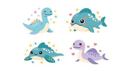 Cartoon prehistoric sea monster character collection. © ombg