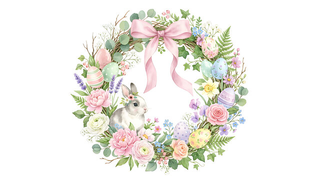 Elegant Easter wreath with cute bunny, decorated eggs, spring flowers and greenery, pastel watercolor style, isolated on white background