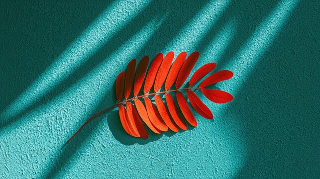 Red rowan leaf on teal wall with striped shadows.