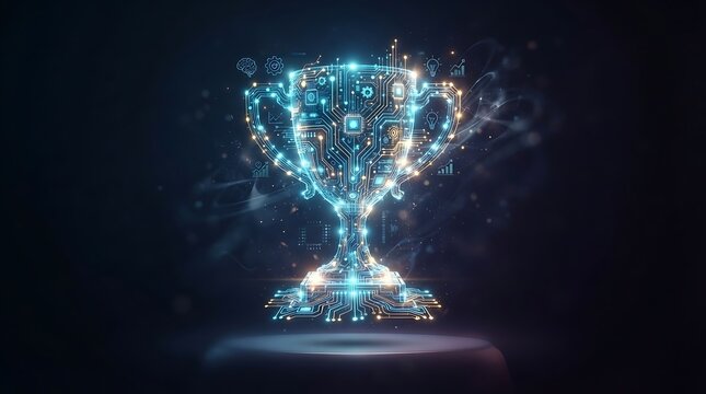 Glowing digital trophy made of electronic circuits and glowing particles on dark background, representing technology innovation and success