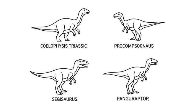 Labeled prehistoric dinosaur line art diagrams for education.