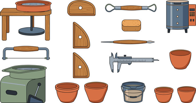Set of pottery tools and ceramics workshop equipment featuring a pottery wheel kiln wire cutter caliper ribs and terracotta clay pots