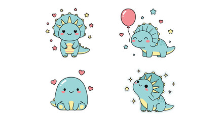 Set of cute blue cartoon triceratops dinosaur characters. © ombg