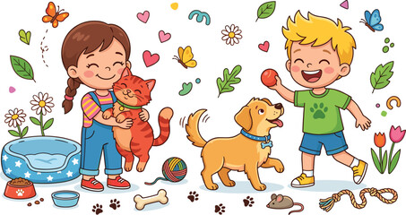 Happy cartoon kids playing with cute domestic pets girl hugging cat boy training dog vector illustration banner for education