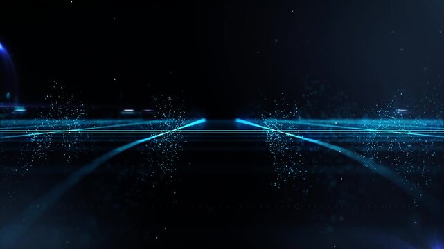 Glowing digital sound waves pulsate across a dark abstract space in this dynamic motion video clip
