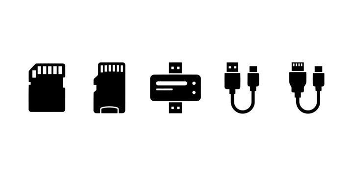 Black flat design icons set of memory cards and usb connectors