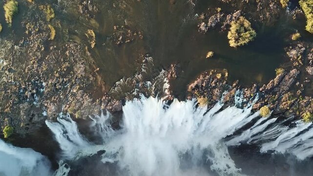 Aerial top-down view of Victoria Falls, Zimbabwe and Zambia border