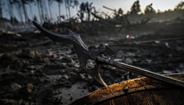 Close-up of a medieval halberd resting on a wooden surface with a battlefield in the background