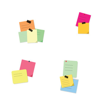 Set of colorful sticky notes with tape and pins for office reminders and organizational messaging