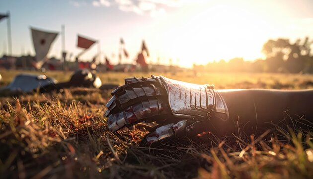 Close-up of a medieval knight's gauntlet lying on the battlefield grass at sunset with flags in the background