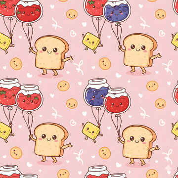seamless pattern with bread holding jams balloons