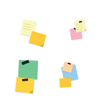 Grouped colorful adhesive notes and sticky memos with adhesive reminder stationery colorful