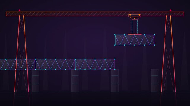 Digital construction crane moving modular bridge section in animation