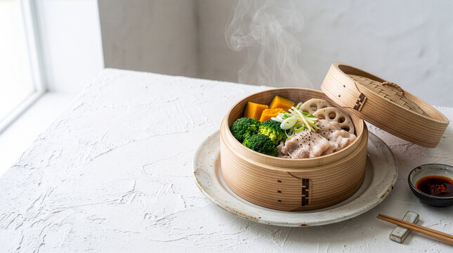 薬味とタレを添えたネギ塩豚と色鮮やかな温野菜の本格せいろ蒸し