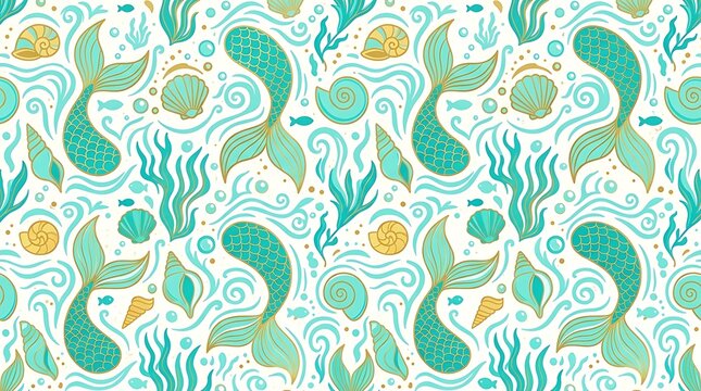 Mermaid tails and gold seashells underwater seamless pattern