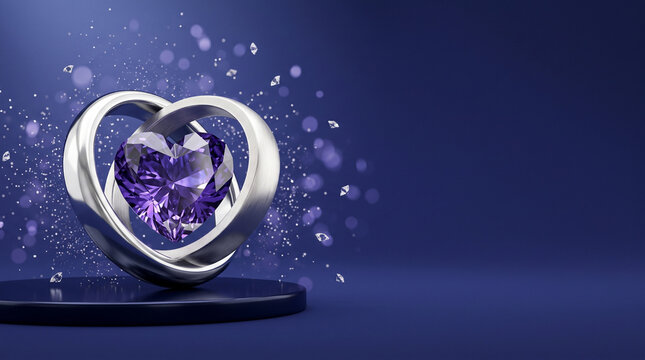Luxury wedding rings background with purple heart diamond crystal jewelry podium banner