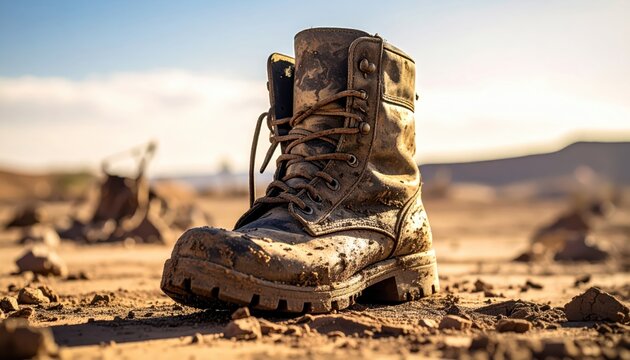 Close-up of a muddy, worn-out brown leather combat boot sitting on dry, cracked earth in a desert landscape under a clear sky