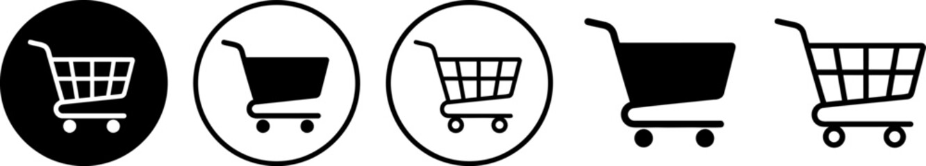 Set of black and white shopping cart icons and trolley symbols designed for e-commerce websites, retail stores, online shopping applications, and digital business interfaces. © Hasan