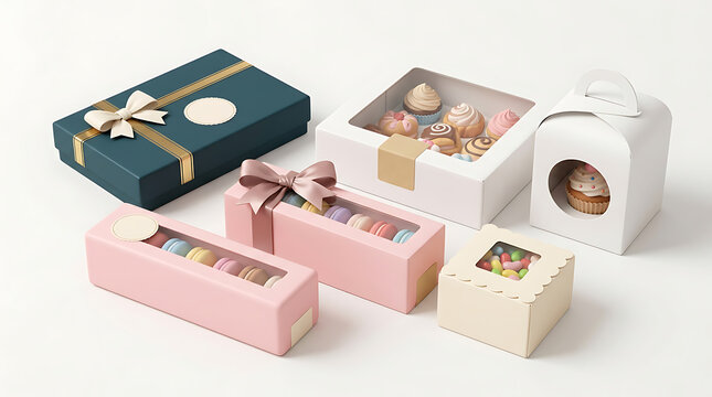 A collection of various elegant gift boxes and dessert packaging, including macarons, cupcakes, and candies.