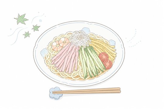 錦糸卵やハムなど具材が盛りだくさんで食欲をそそる冷やし中華のイラスト