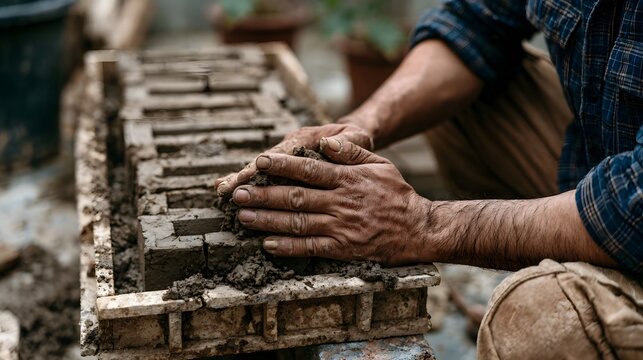 A person s hands carefully molding wet clay into rectangular bricks using a wooden mold in an outdoor workshop setting
