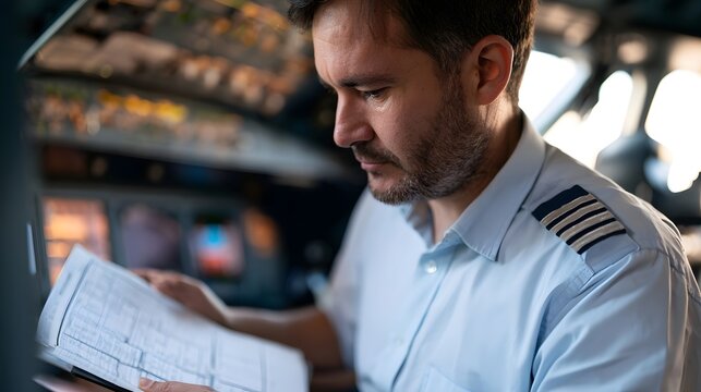 A pilot in uniform reviews a checklist inside an aircraft cockpit with illuminated control panels and focused attention