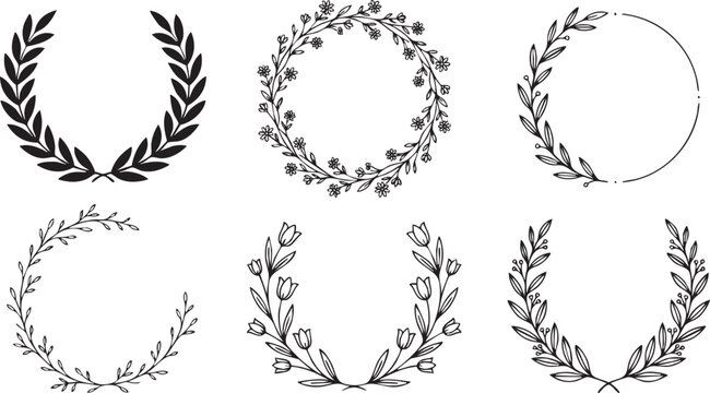 Elegant Hand-Drawn Floral and Laurel Wreaths Collection