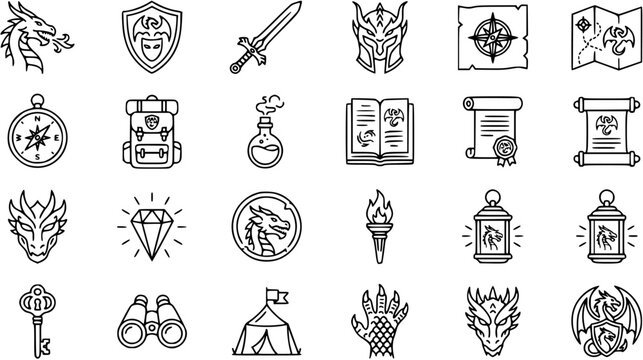Black and White Line Art Fantasy RPG Adventure Gaming Icons Set. Outline Glyph Symbols for Dragons, Warriors, Magic, Quests, Maps, and Medieval Elements Collection.