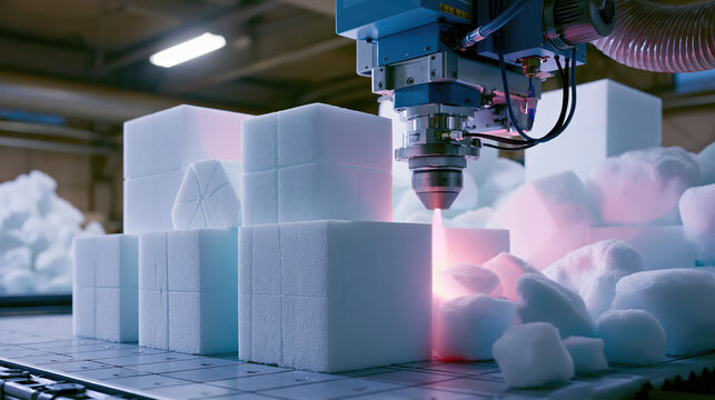 Industrial machine cutting foam block in factory workshop with laser light and packaging material