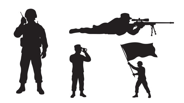 Military soldier silhouettes set, army infantry personnel in combat poses, sniper and flag bearer vector icons for tactical design and memorial graphics