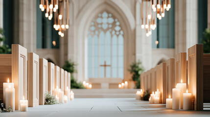 Fototapeta premium Church interior candle light altar view cathedral nave wooden panel cross symbol gothic arch wedding aisle sacred space religious decor