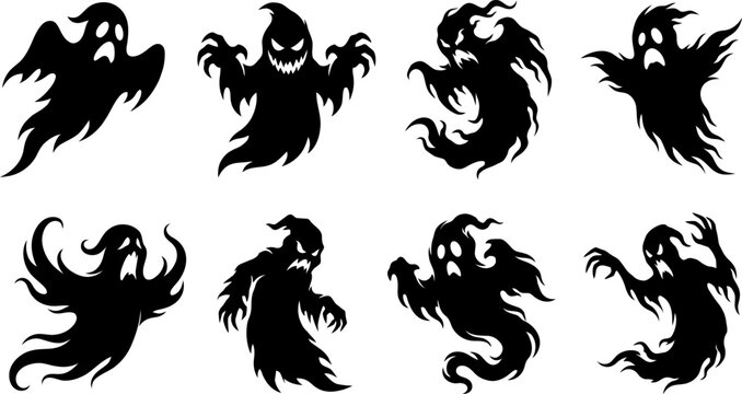 Black silhouettes featuring scary ghosts, phantom spirits, and creepy monsters designed for Halloween horror themes, supernatural vector graphics, and dark designs.