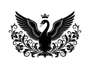 Fototapeta premium Elegant Black Swan Royal Emblem with Decorative Floral Flourish and Crown Illustration
