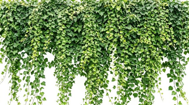 Lush hanging english ivy foliage plants against white wall